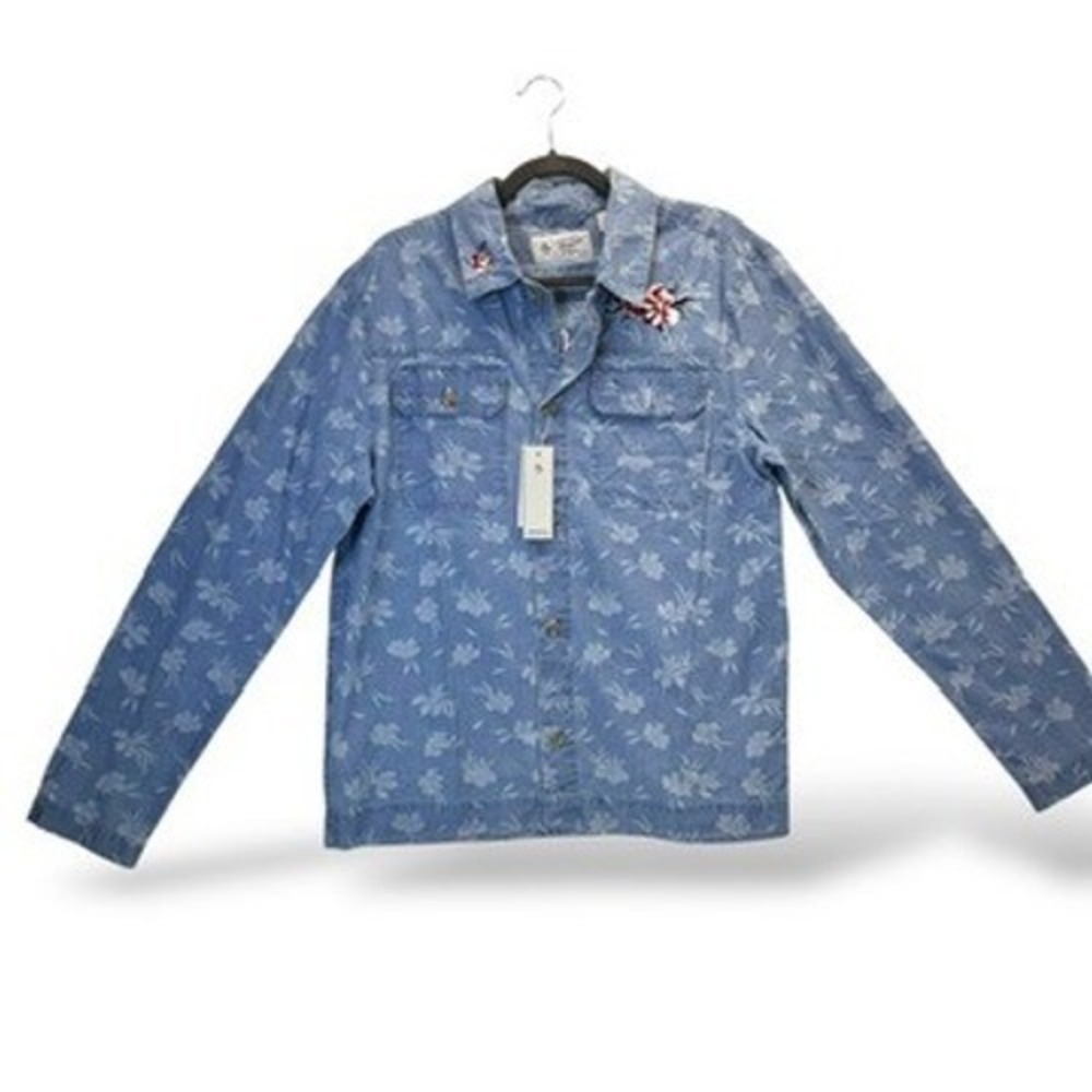 Original Penguin Floral Embroidered Shirt Mens Medium Button Front Blue